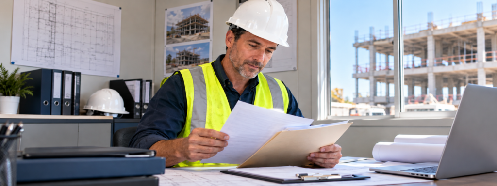 Construction supplier reviewing project documents at a jobsite explaining the benefits of preliminary notices.