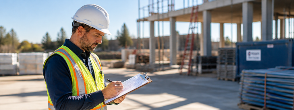 Construction professional in a hard hat and safety vest reviewing payment documents on a clipboard at a jobsite showing when to send an intent to lien